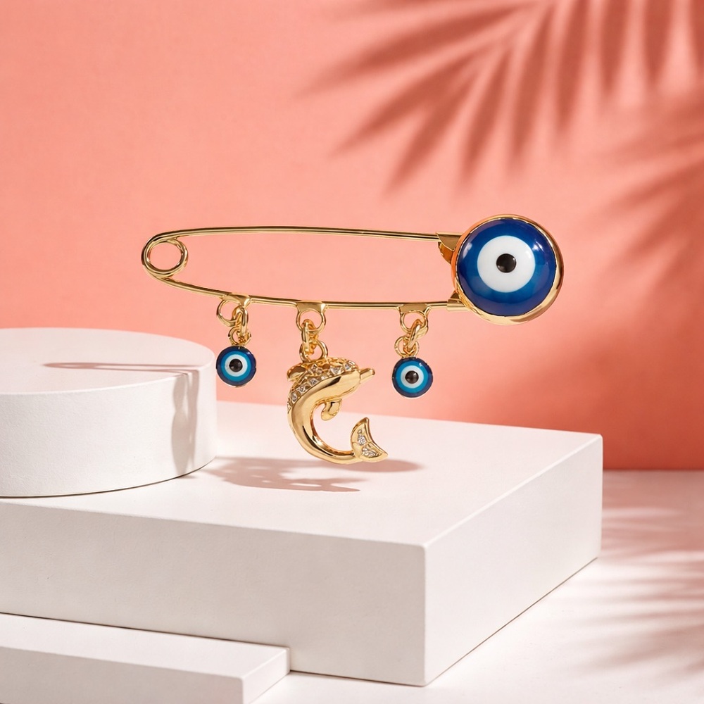 Gold Evil Eye Brooch with Dolphin Charm